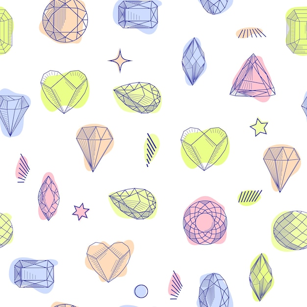 Gemstone crystal seamless pattern Pastel gems and stars on white background