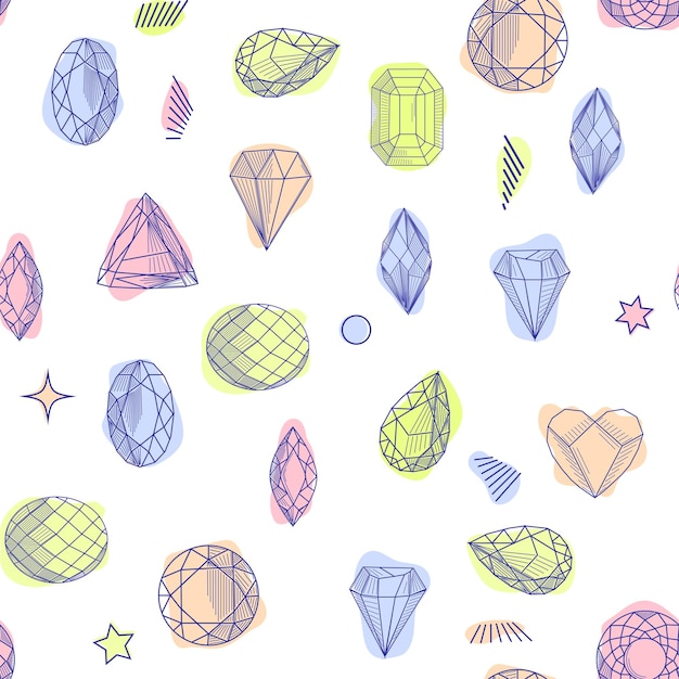 Gemstone crystal seamless pattern Pastel gems and stars on white background