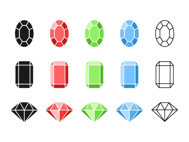 Gemstones vector icons collection. Stylized faceted crystals in several variants of color and shape.