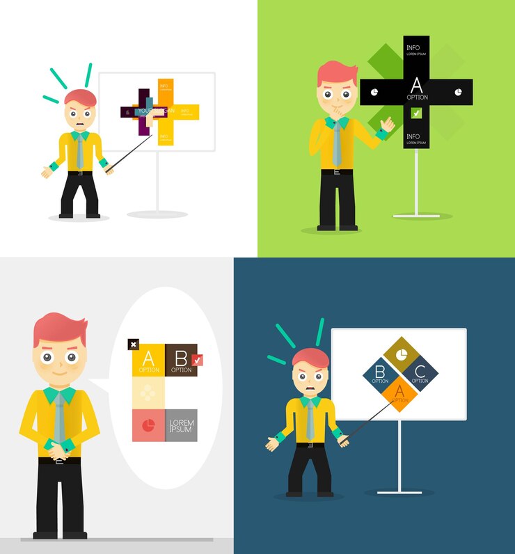 Vektör genç işadamı modern seçenek infografik diyagramını sunar çizimler seti
