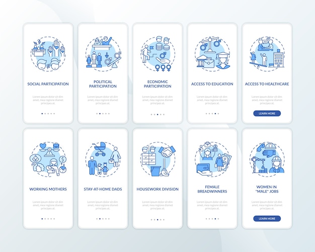 Gender issues onboarding mobile app page screen with concepts set