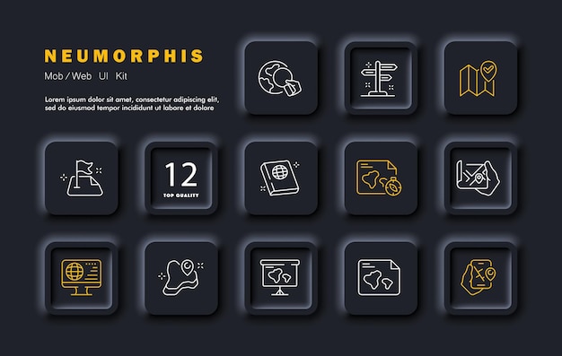 Geography set line icon Planet globe mail gps label atlas map compass smartphone Neomorphism style Vector line icon for business and advertising