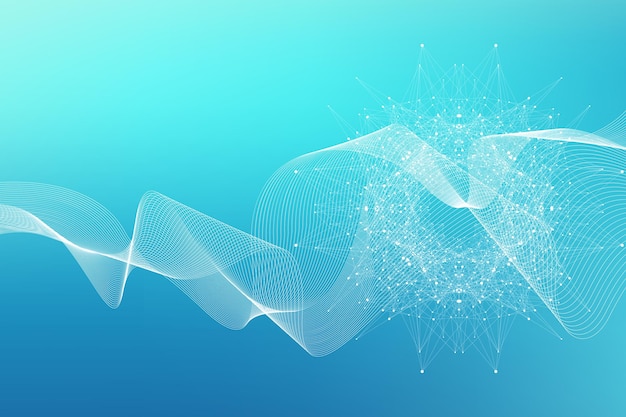 Geometric abstract background with connected line and dots. Neural network. Network and connection background for your presentation. Graphic polygonal background. Wave flow. Vector illustration.