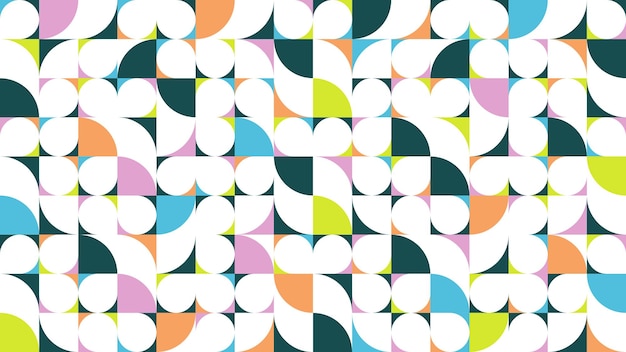 Geometric abstract seamless pattern with colorful simple elements of geometry, wallpaper background in retro 70s style, Bauhaus constructive style tiles.