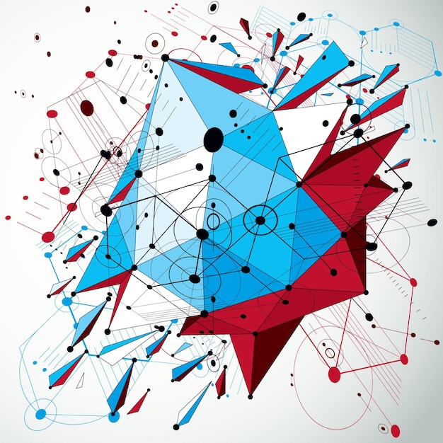 Geometric Bauhaus 3d vector colorful background with low poly abstract demolished object created from honeycombs and connected lines. Best for use as advertising poster or banner design.