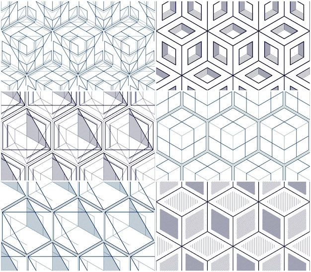 geometric cubes abstract seamless patterns set, 3d vector backgrounds collection. technology style engineering line drawing endless illustrations. usable for fabric, wallpaper, wrapping. single color,
