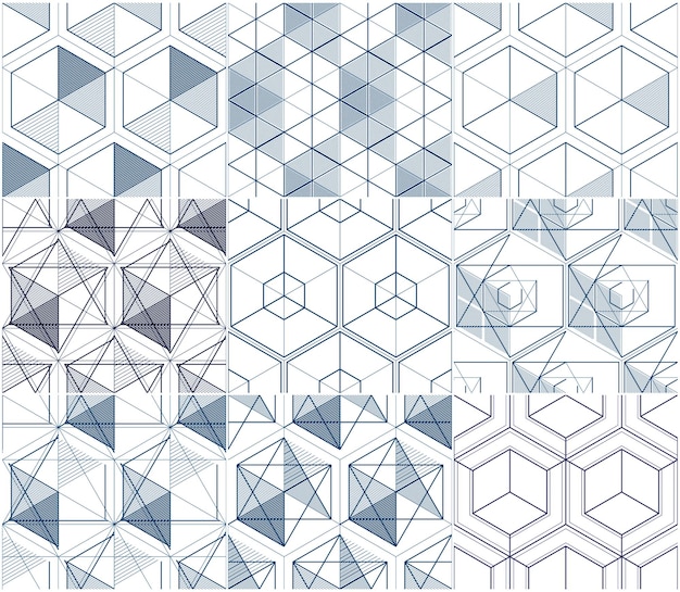 geometric cubes abstract seamless patterns set, 3d vector backgrounds collection. technology style engineering line drawing endless illustrations. usable for fabric, wallpaper, wrapping. single color,
