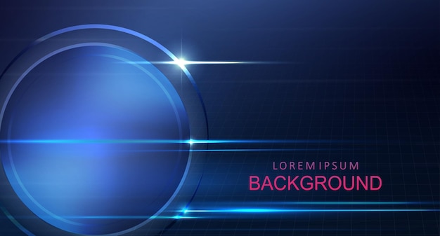 Geometric dark design with blue gradient, light stripes, round frame.