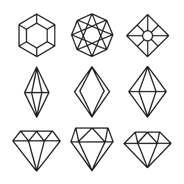 Geometric Gemstone Vector Icon Set with Symmetrical Faceted Patterns