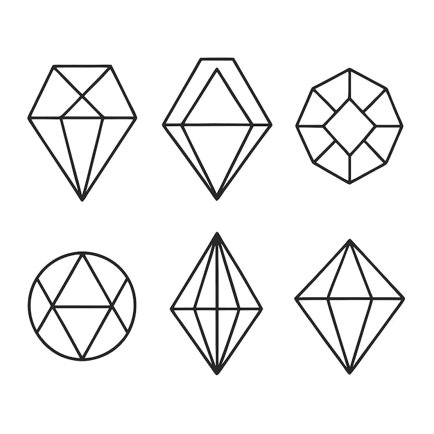 Geometric Gemstone Vector Icon Set with Symmetrical Faceted Patterns