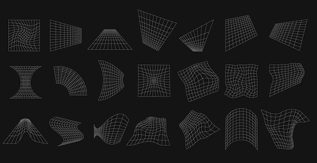 Geometric grids set White lattice shapes with warp and distortion
