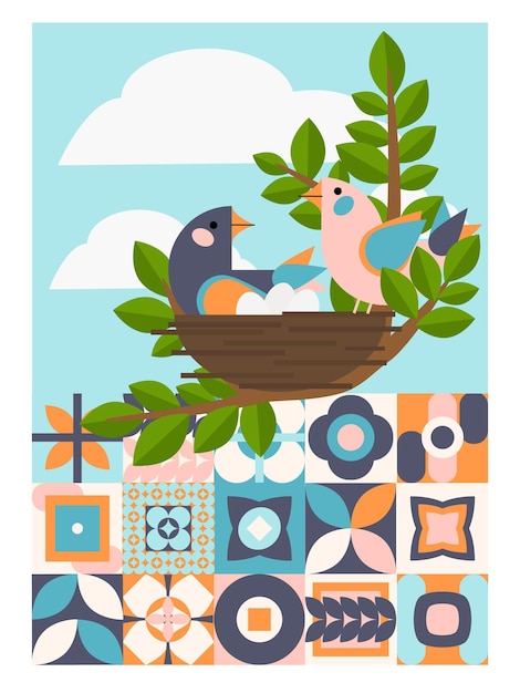 Geometric illustration with a pair of birds in a nest and neo geometry pattern