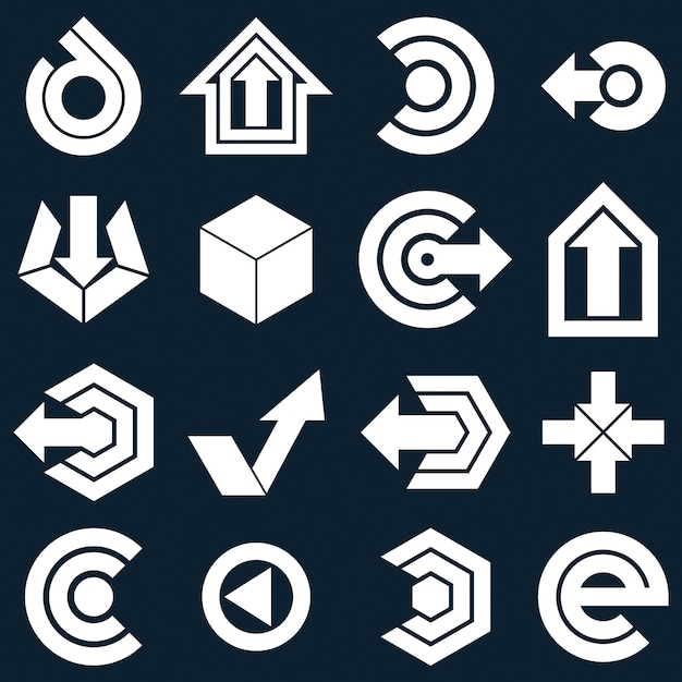 geometric monochrome abstract vector shapes. collection of arrows, navigation pictograms and multimedia signs, for use in web and graphic design.