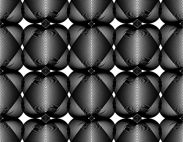 Geometric monochrome stripy overlay seamless pattern, black and white vector abstract background. Graphic symmetric backdrop with romantic hearts, Valentine Day theme.