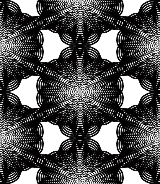 geometric monochrome stripy overlay seamless pattern, black and white vector abstract background. graphic symmetric kaleidoscope backdrop.