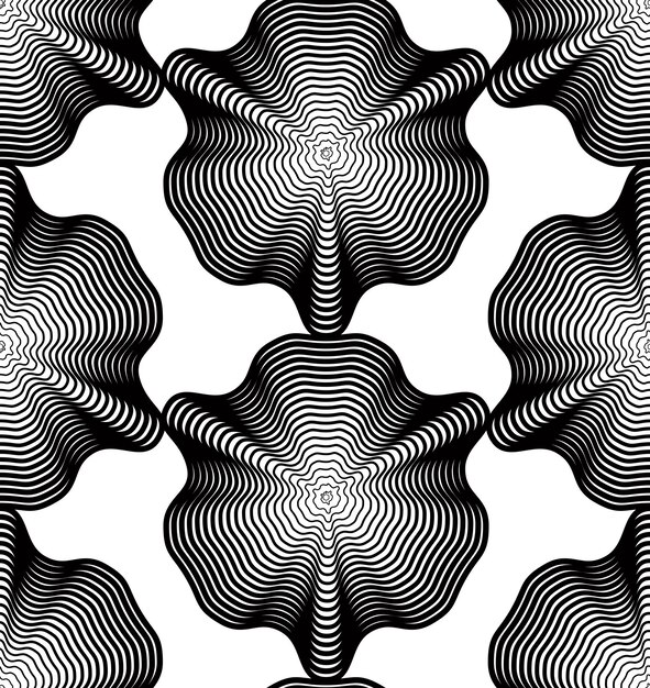 Geometric monochrome stripy seamless pattern, black and white vector abstract background. Graphic symmetric backdrop.