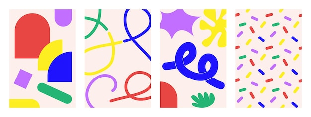 geometric posters in trendy retro brutalist style naive playful abstract shapes backgrounds brutal contemporary figure circle oval wave patterns swiss design aesthetic
