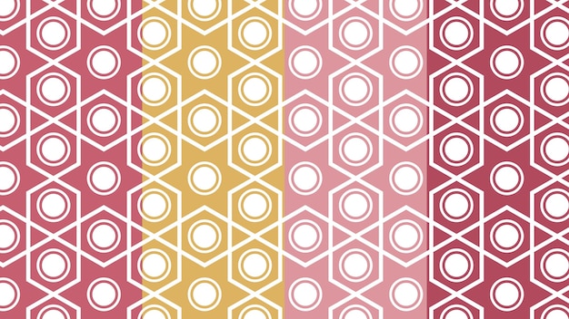 Geometric round and hexagon shape red seamless patterns set Circles and rhombus