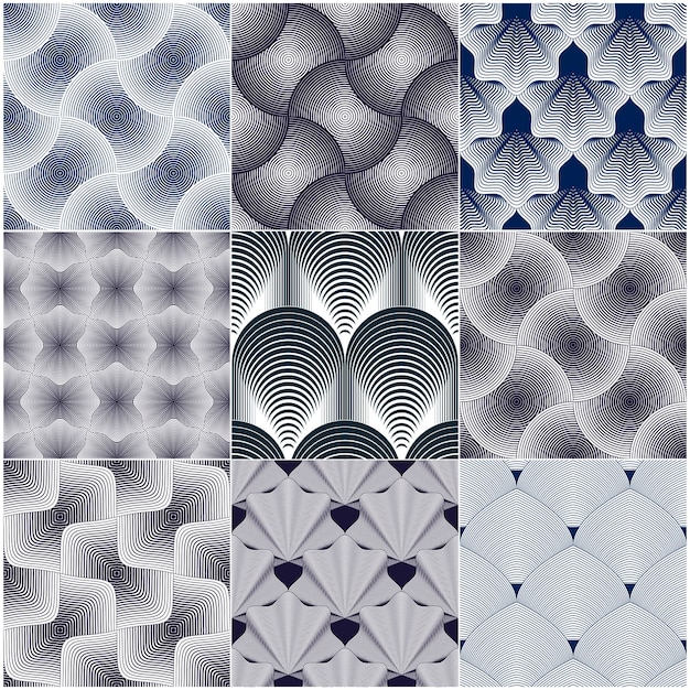 geometric seamless patterns set, abstract tiling backgrounds collection, vector repeat endless wallpaper illustrations. overlapping circles, roof tiling or fish squama shapes, shellfish shapes, leaves