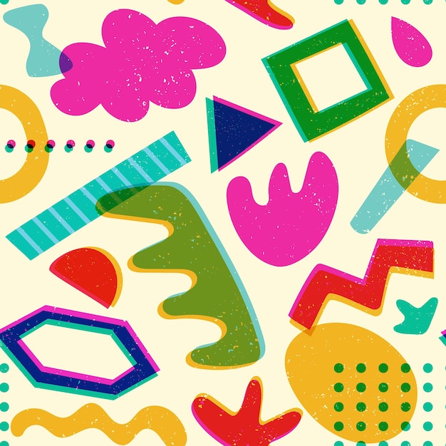 Geometric shapes risograph seamless pattern Abstract riso print background with colorful 80s 90s style elements retro vintage texture Vector wallpaper