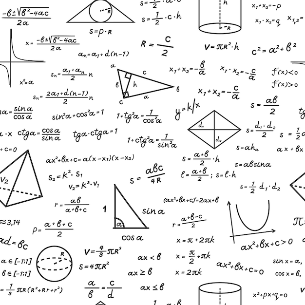 geometric shapes with mathematical formulas seamless pattern. handwritten algebraic calculations on white surface trigonometric with computation education drawings basic theorem. vector knowledge.