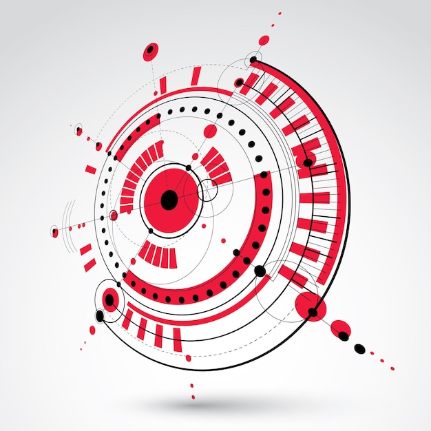geometric technology 3d vector drawing, red technical wallpaper. dimensional abstract scheme of engine or engineering mechanism.