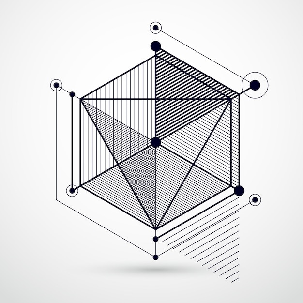 Geometric technology vector black and white drawing, 3D technical wallpaper. Illustration of engineering system, abstract technological backdrop. Abstract technical background.