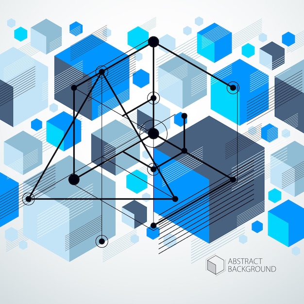 Geometric technology vector blue drawing, 3D technical wallpaper. Illustration of engineering system, abstract technological backdrop. Abstract technical background.