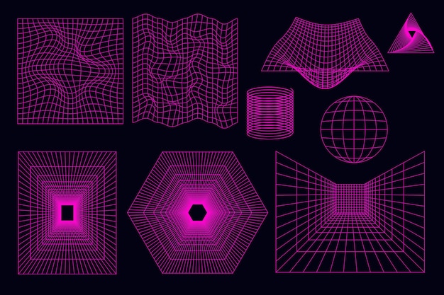 geometric wireframe shapes and grids in neon pink 3d abstract background in trendy psychedelic style