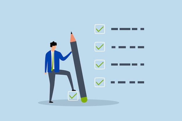 getting things done businessman expert holding pencil tick all completed task checkbox
