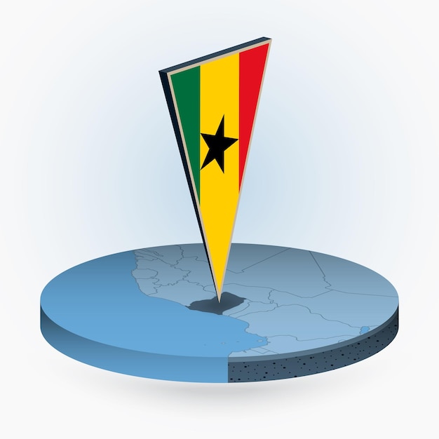 Ghana map in round isometric style with triangular 3D flag of Ghana