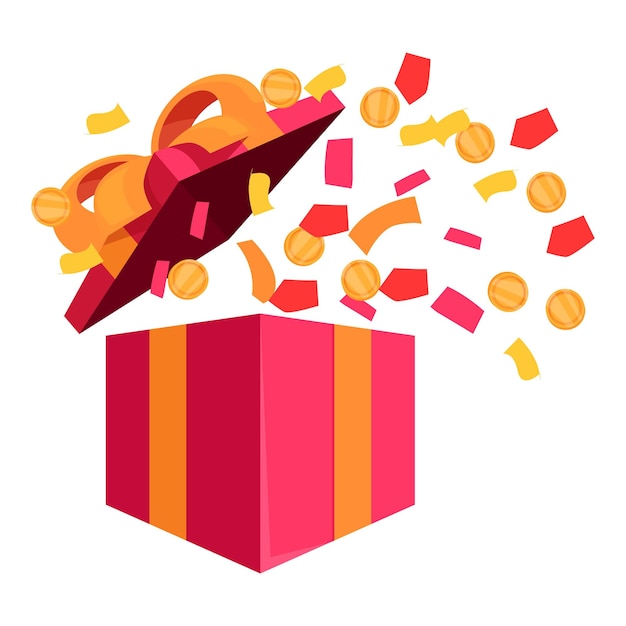 Gift box exploding with confetti and gold coins winning concept