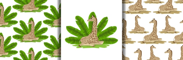 Giraffe and Banana Fan Print and Seamless Patterns set