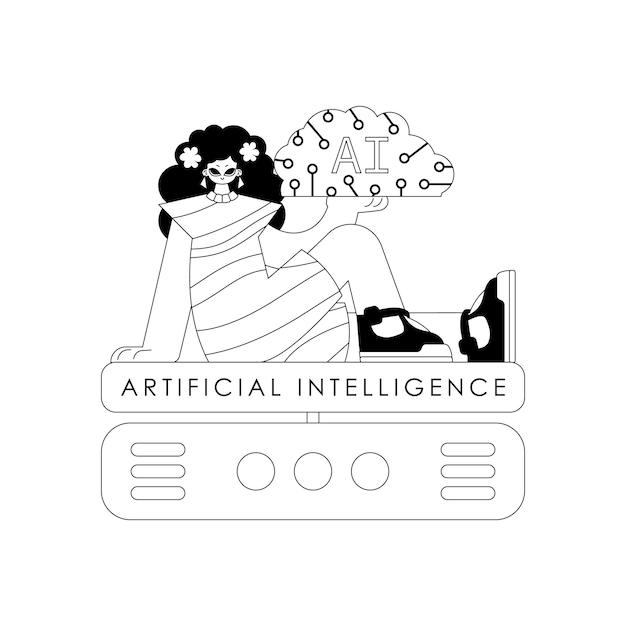 girl and ai server in linear vector style illustrating the artificial intelligence theme