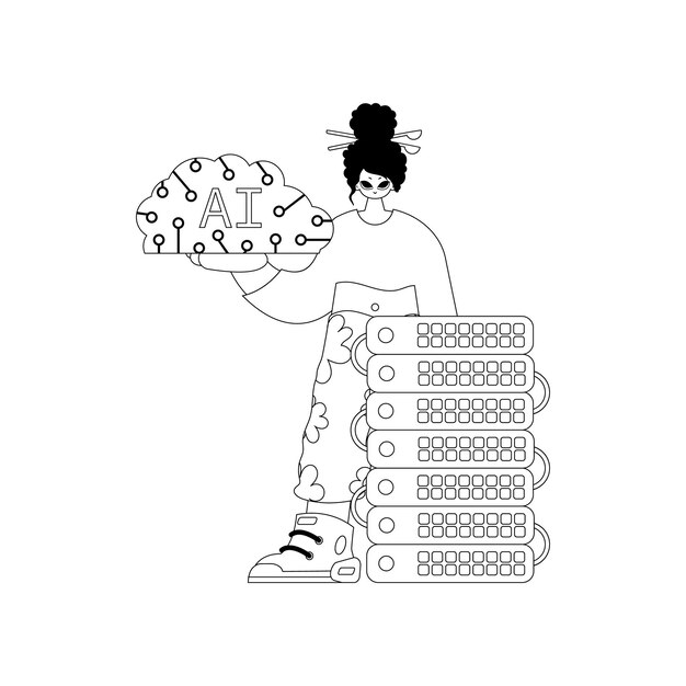 Girl and AI server with AI theme rendered in a linear vector style