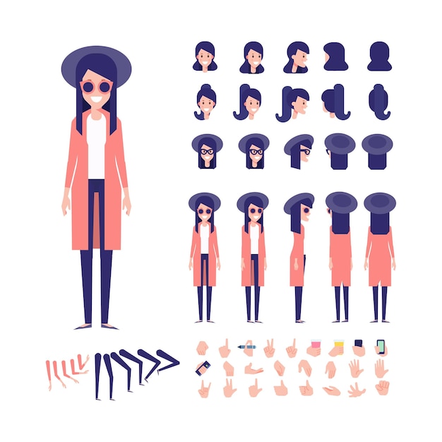 Girl character for animation Various hairstyles and gestures Front side back view