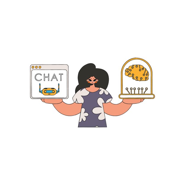 girl conversing with ai on her handheld device, vector illustration.