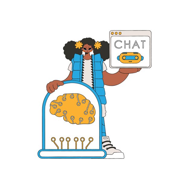 Girl conversing with AI on her handheld device, vector image