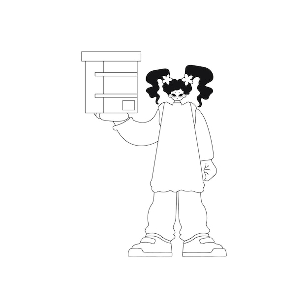 girl holds box in hands. delivery of parcel. simple design. vector art.