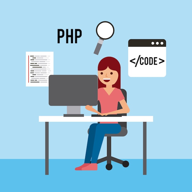 Girl sitting working laptop program code php search technology