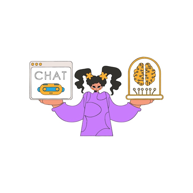 girl talking to an ai on her cell, vector graphic.