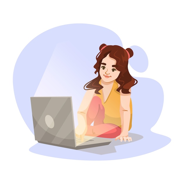 Girl using laptop sitting on the floor vector illustration