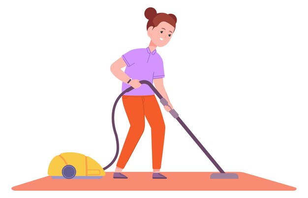 Girl vacuum cleaning carpet Kid doing household work