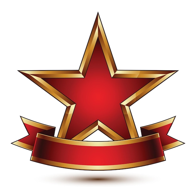glamorous vector template with pentagonal red stars with golden outline, best for use in web and graphic design. conceptual heraldic icon with red curved ribbon, clear eps8 vector.