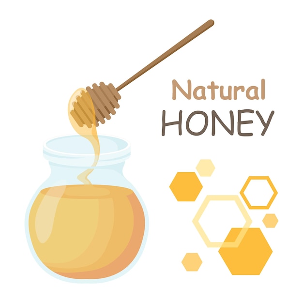 Glass jar of honey with wooden spoon