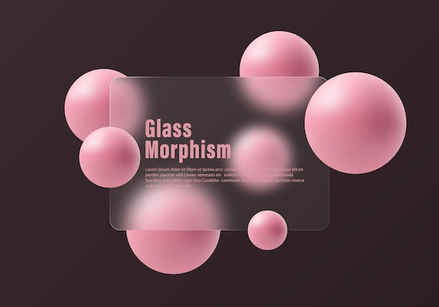 glass morphism design with frosted glass partition and floating spheres on a dark background