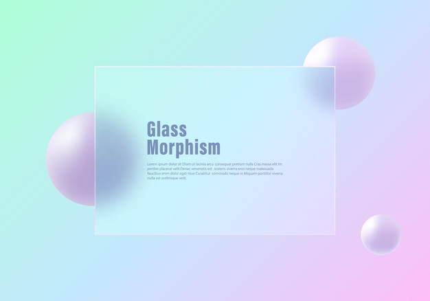 Glass morphism style 3d landing page template transparent partition with spheres