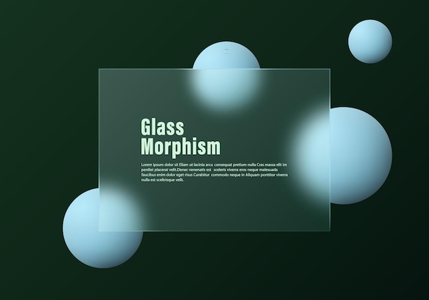 Glass translucent partition on dark gradient background with floating spheres overlay effect