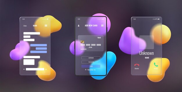 Glassmorphism 3d phone mockup with blurred abstract background. Smartphone transparent glass screen with chat, call and payment vector set