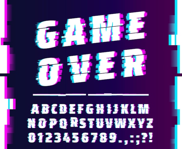 Glitch effect font futuristic cyber type display screen failure typeface digital noise dynamic english alphabet Vector typography distorted letters and numbers font for cyberpunk and space game
